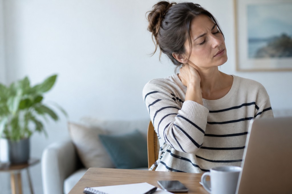 Person holding their neck while working at a laptop, a common problem for desk and remote workers